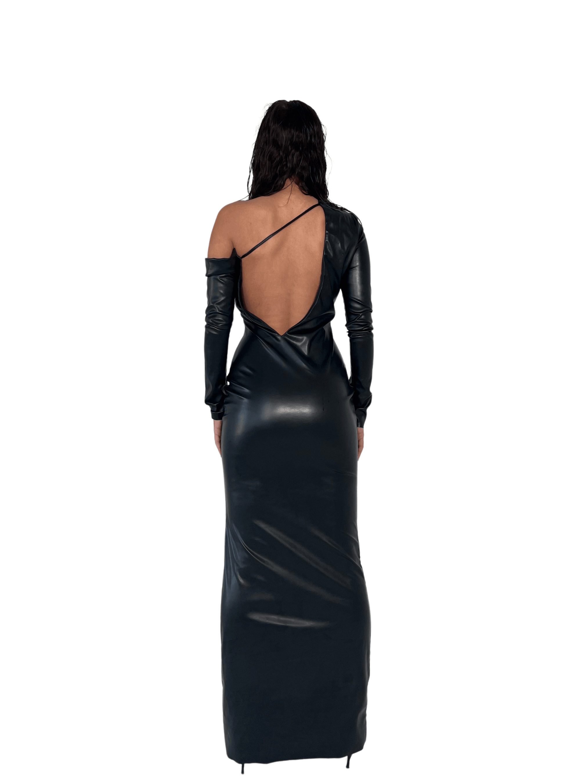 LEATHER OFF-THE-SHOULDER DRESS WITH ASYMMETRIC OPEN BACK DETAIL - SIREN THE BRAND