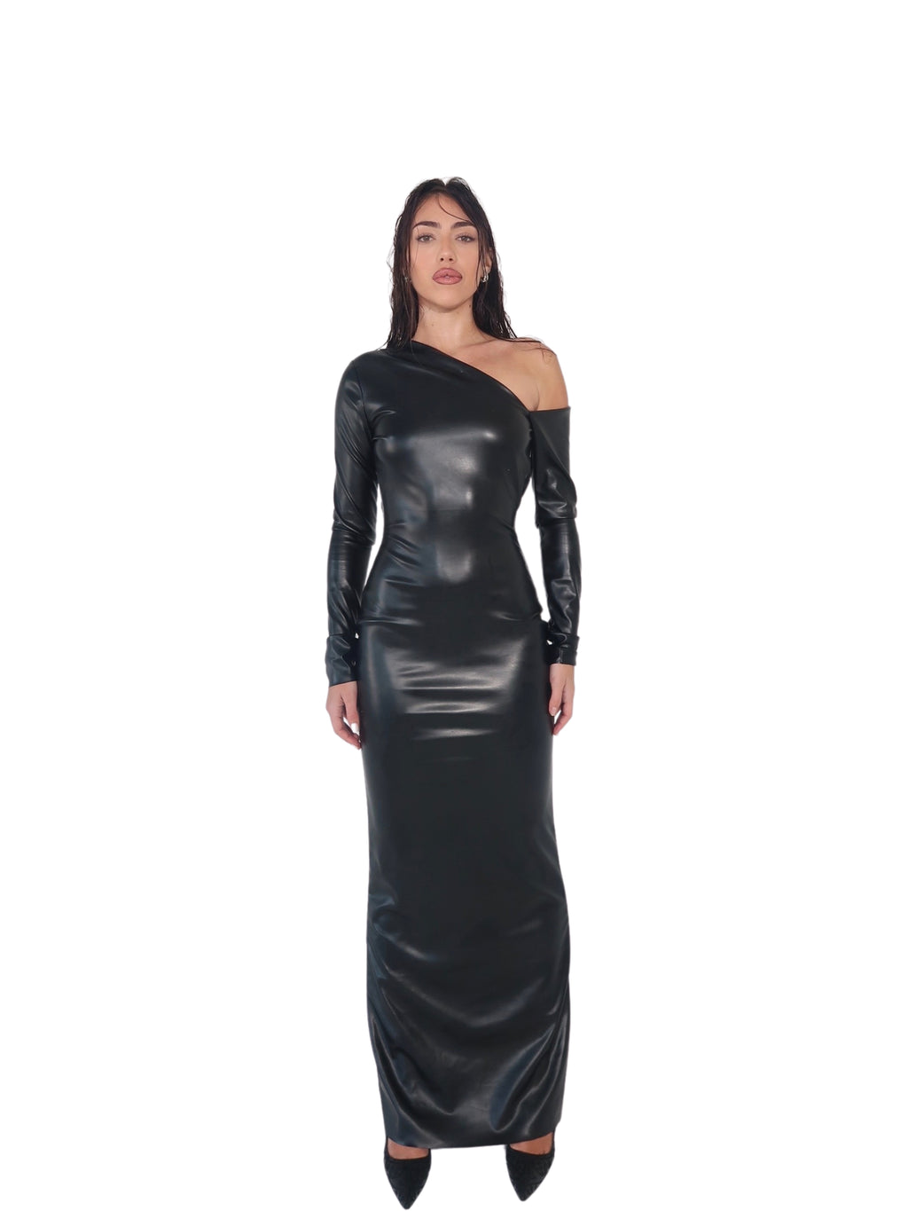 LEATHER OFF-THE-SHOULDER DRESS WITH ASYMMETRIC OPEN BACK DETAIL - SIREN THE BRAND