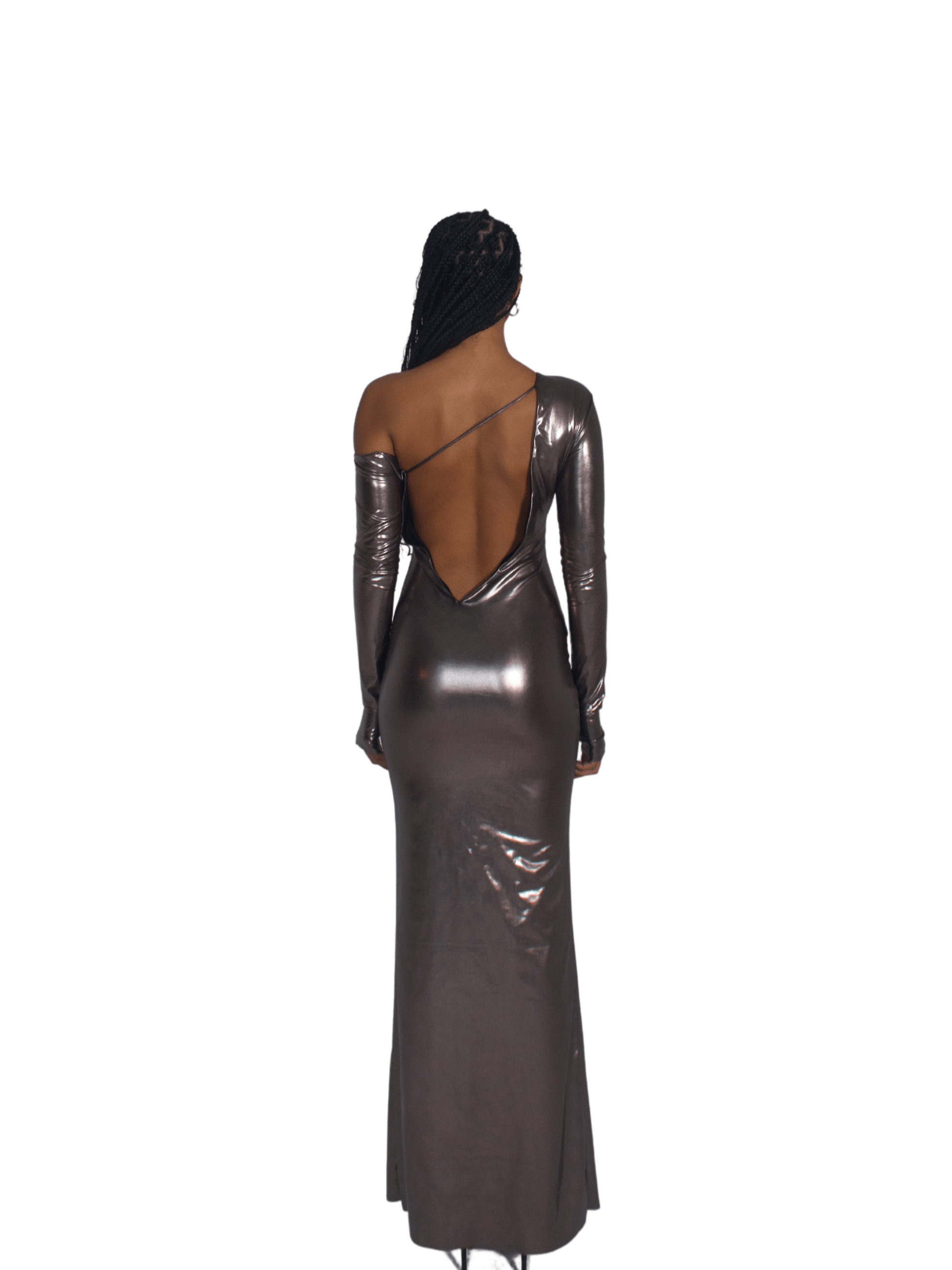 CHROME OFF-THE-SHOULDER DRESS WITH ASYMMETRIC OPEN BACK DETAIL - SIREN THE BRAND