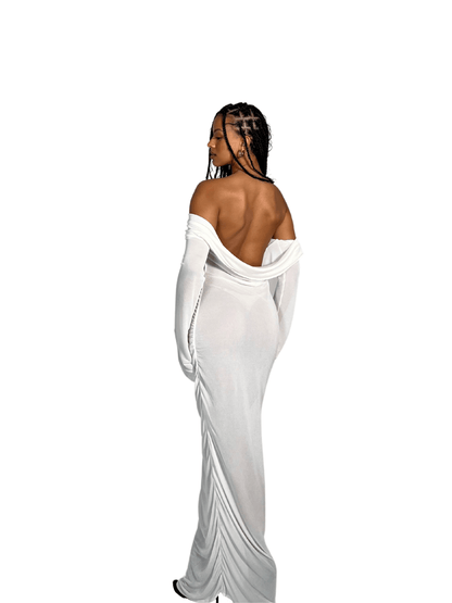 KNITTED OFF-THE-SHOULDER DRESS WITH DRAPE OPEN BACK DETAIL - SIREN THE BRAND