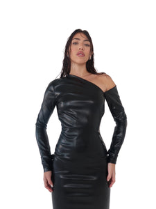 LEATHER OFF THE SHOULDER DRESS WITH ASYMMETRIC OPEN BACK DETAIL