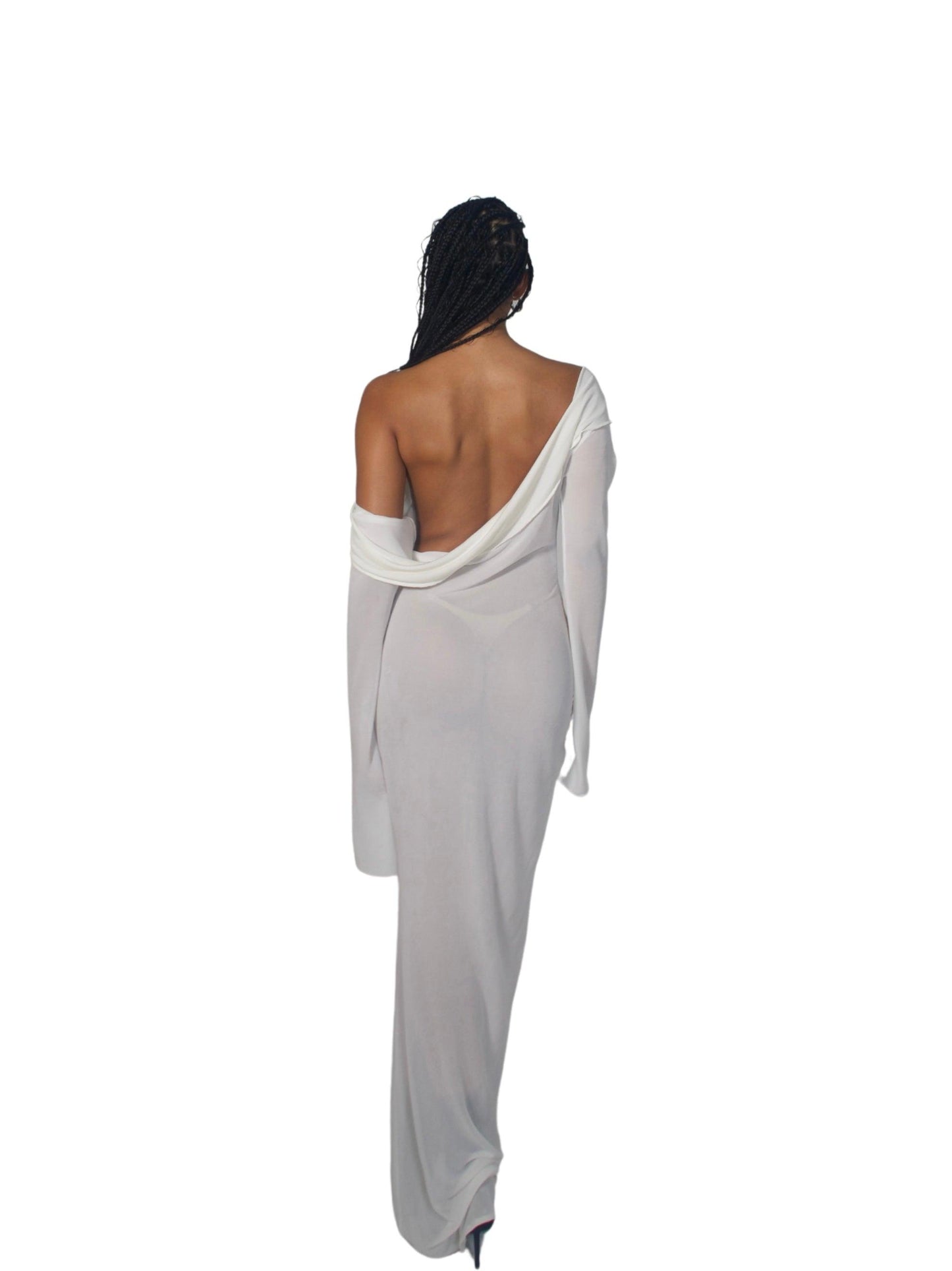 KNITTED OFF-THE-SHOULDER DRESS WITH DRAPE OPEN BACK DETAIL - SIREN THE BRAND